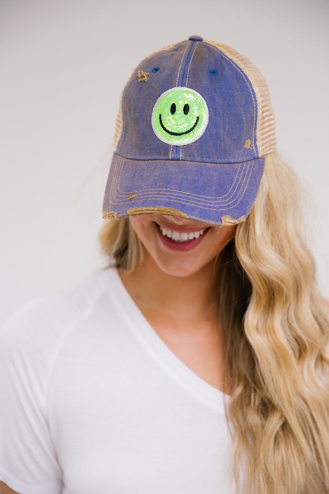 SEQUIN SMILEY PATCH HAT HAT Judith March DENIM DISTRESSED - GREEN SMILEY  