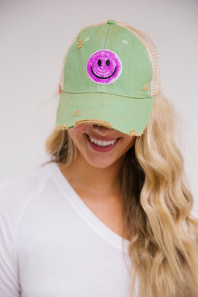 SEQUIN SMILEY PATCH HAT