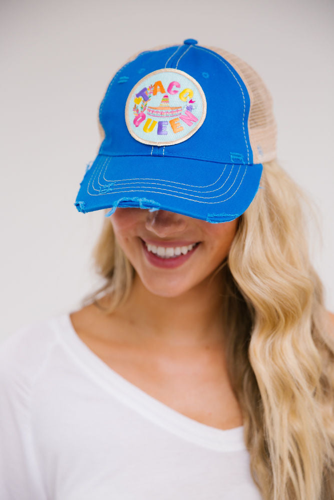 TACO QUEEN PATCH HAT Hats Judith March ROYAL BLUE DISTRESSED