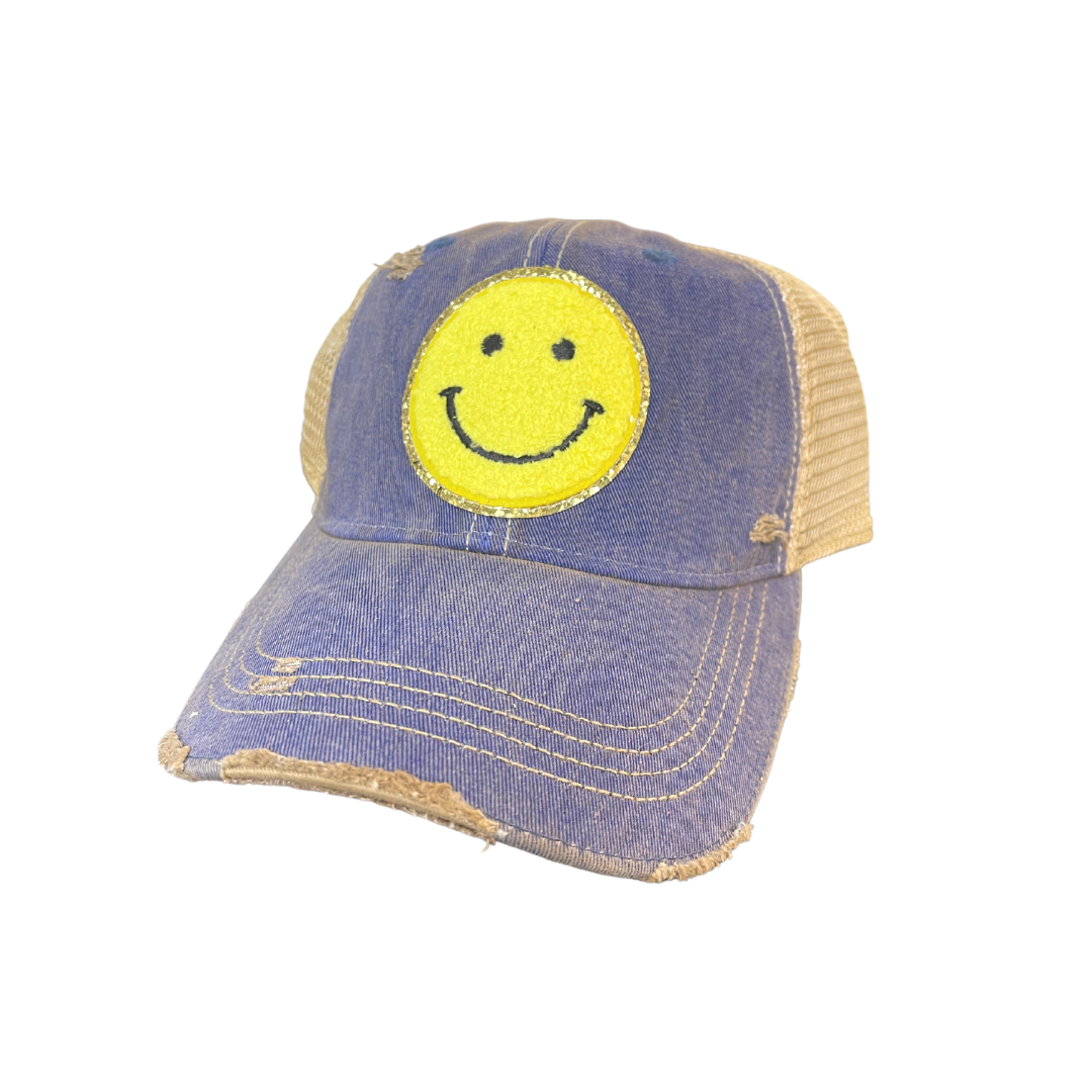 YELLOW SMILEY PATCH HAT Hats Judith March DENIM DISTRESSED  