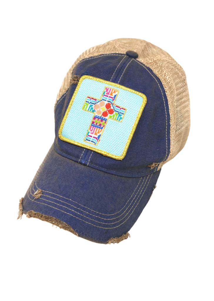 PATCHWORK CROSS PATCH HAT Hats Judith March DENIM DISTRESSED  