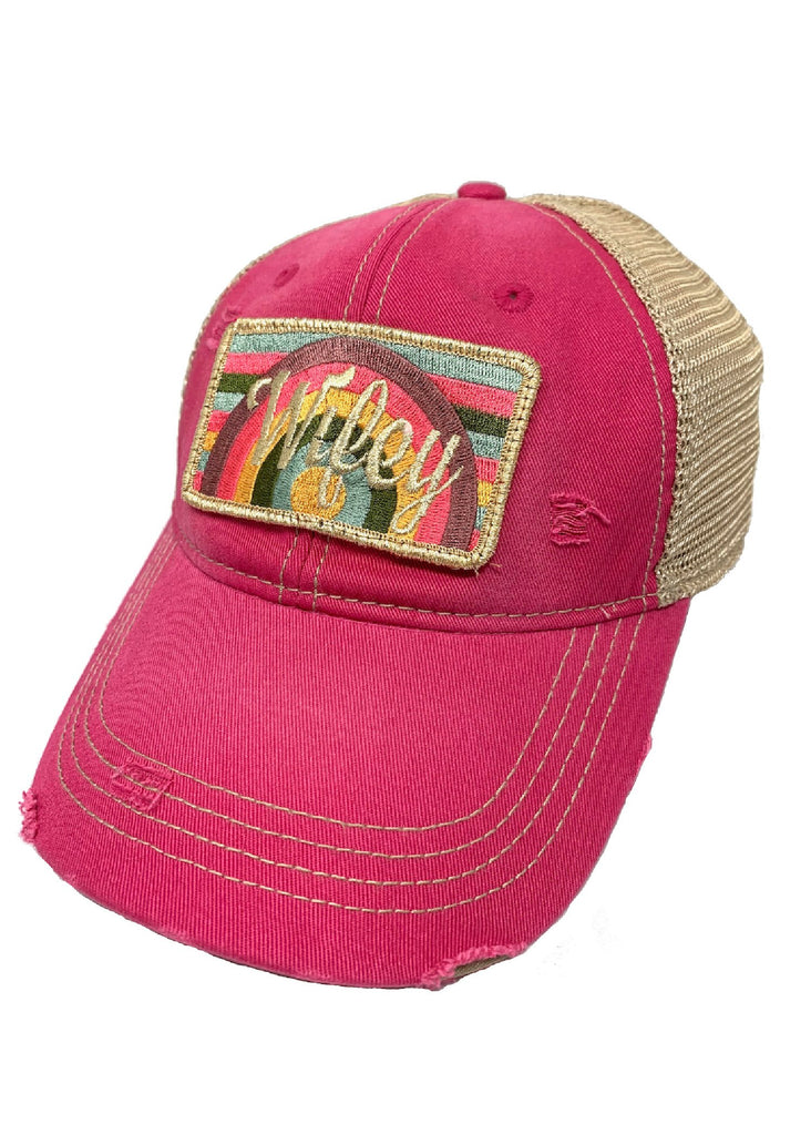 WIFEY RAINBOW PATCH HAT Hats Judith March FUCHSIA DISTRESSED  