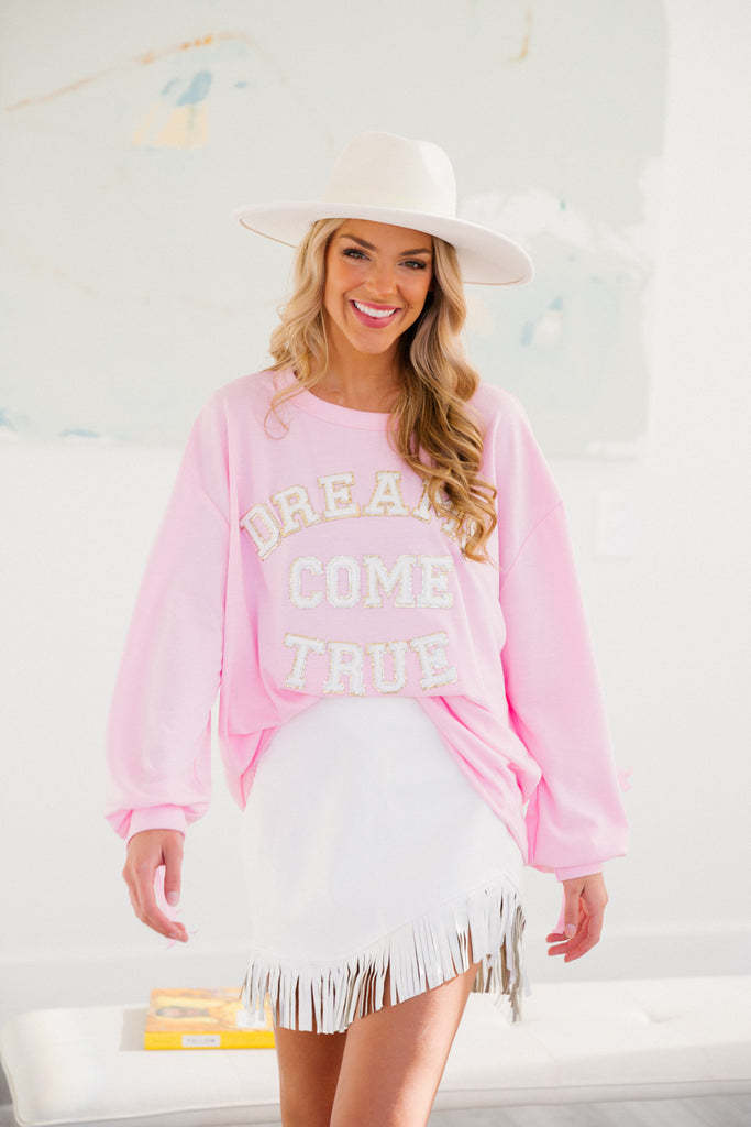 DREAMS COMES TRUE PINK FRINGE SLEEVE PULLOVER