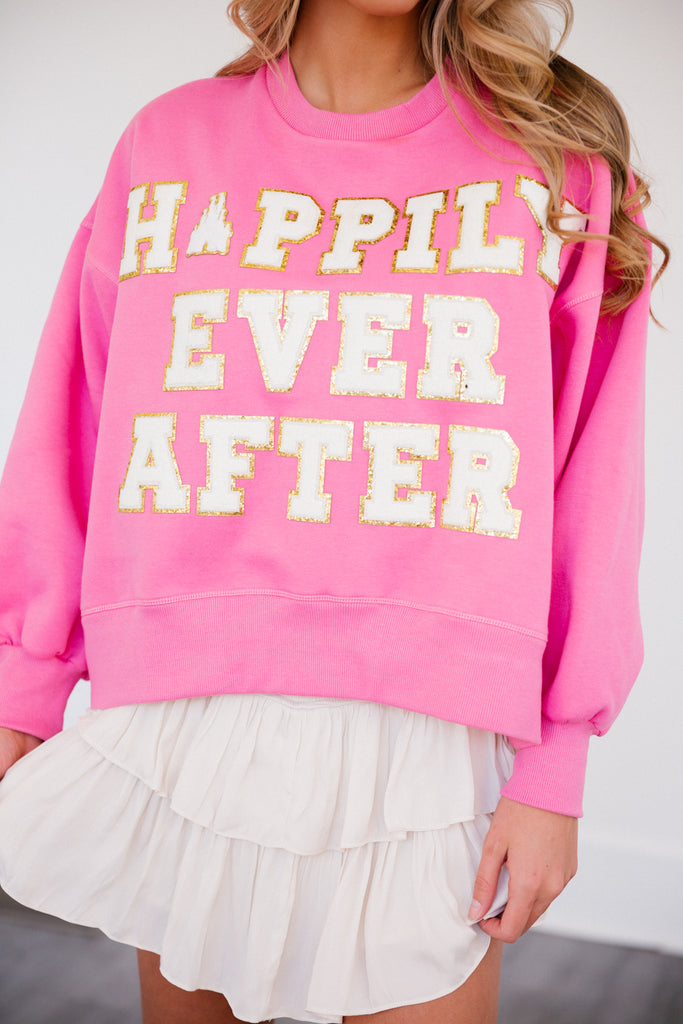 Pink cropped pullover with white glam "Happily Ever After" letters
