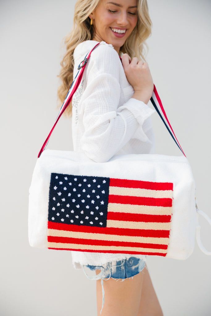 White large terry bag with an American flag