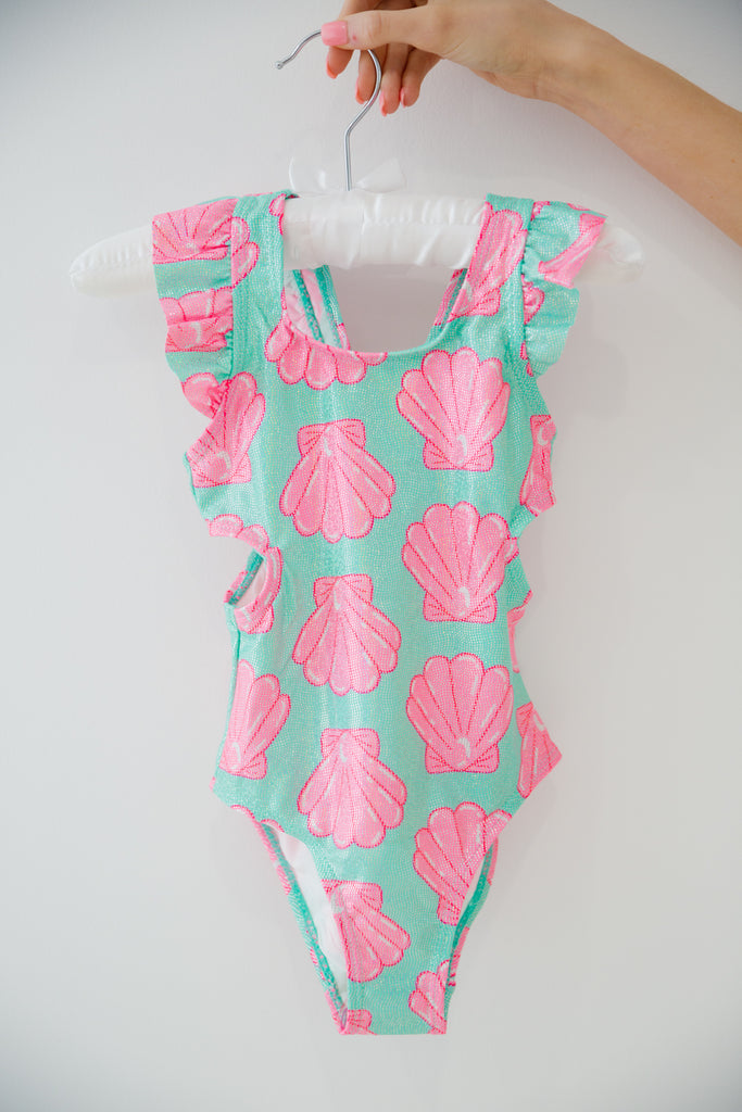 Kids mint one piece swimsuit with pink seashells