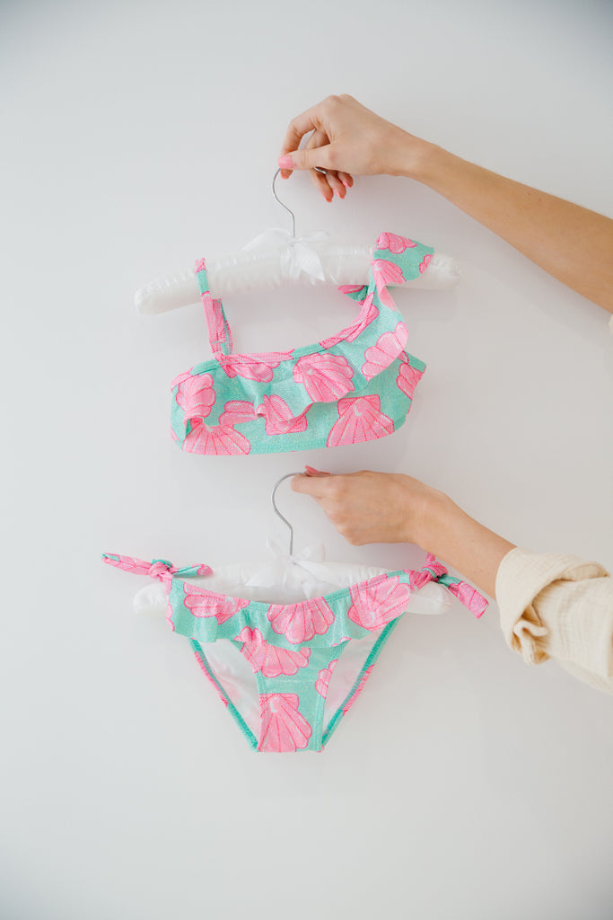 Kids mint two piece swimsuit with pink seashells
