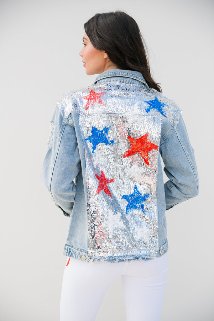 Denim and sequin jacket with red and blue stars on the back
