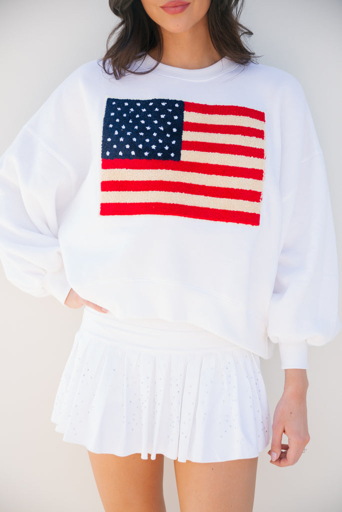 White cropped pullover with American flag