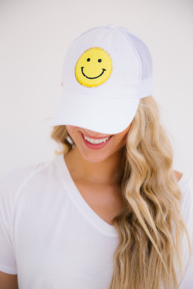 YELLOW SMILEY PATCH HAT Hats Judith March WHITE DISTRESSED  