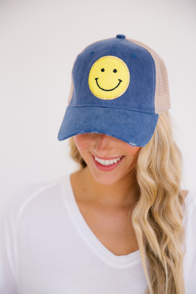 YELLOW SMILEY PATCH HAT Hats Judith March DENIM STRUCTURED  