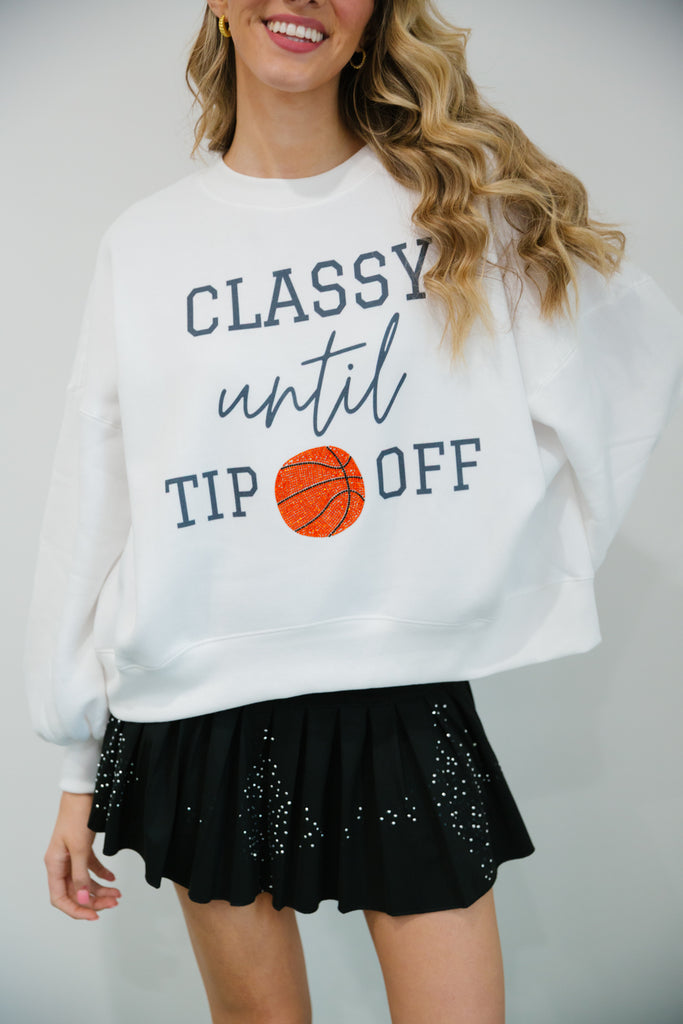 White cropped pullover with Classy Until Tip Off print and basketball patch