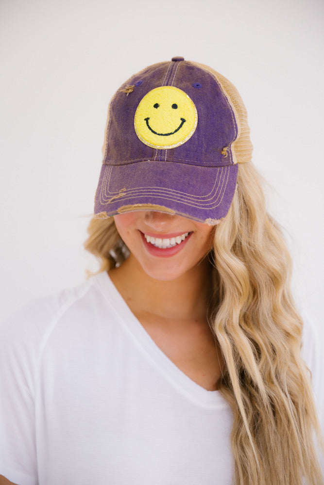 YELLOW SMILEY PATCH HAT Hats Judith March PURPLE DISTRESSED  