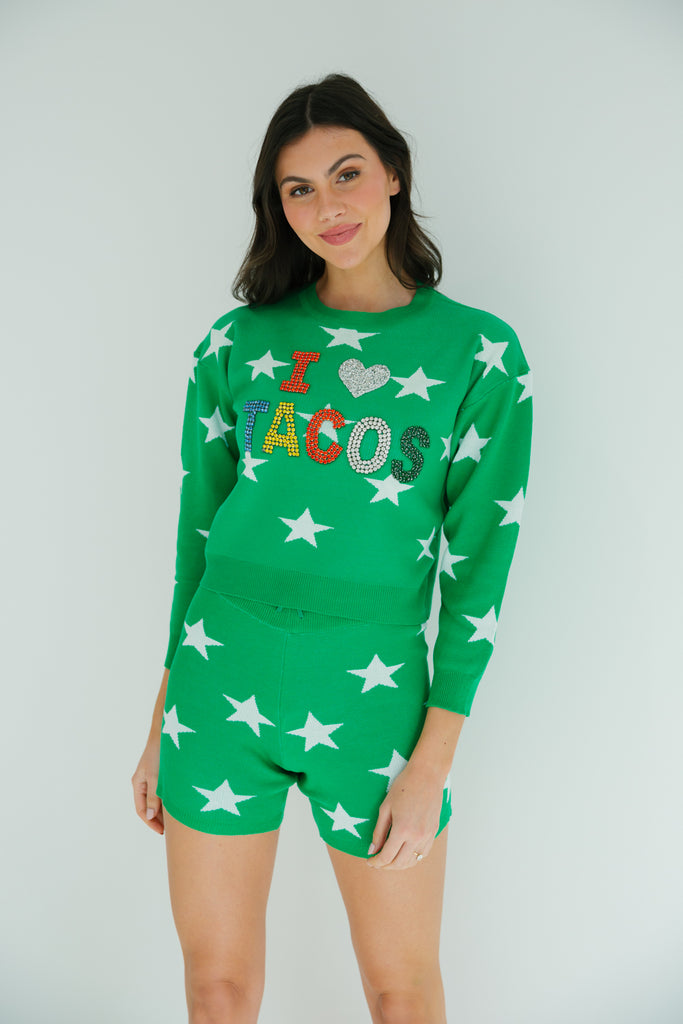 Green with white stars lounge set with I Heart Tacos in colorful diamond letters and a silver heart