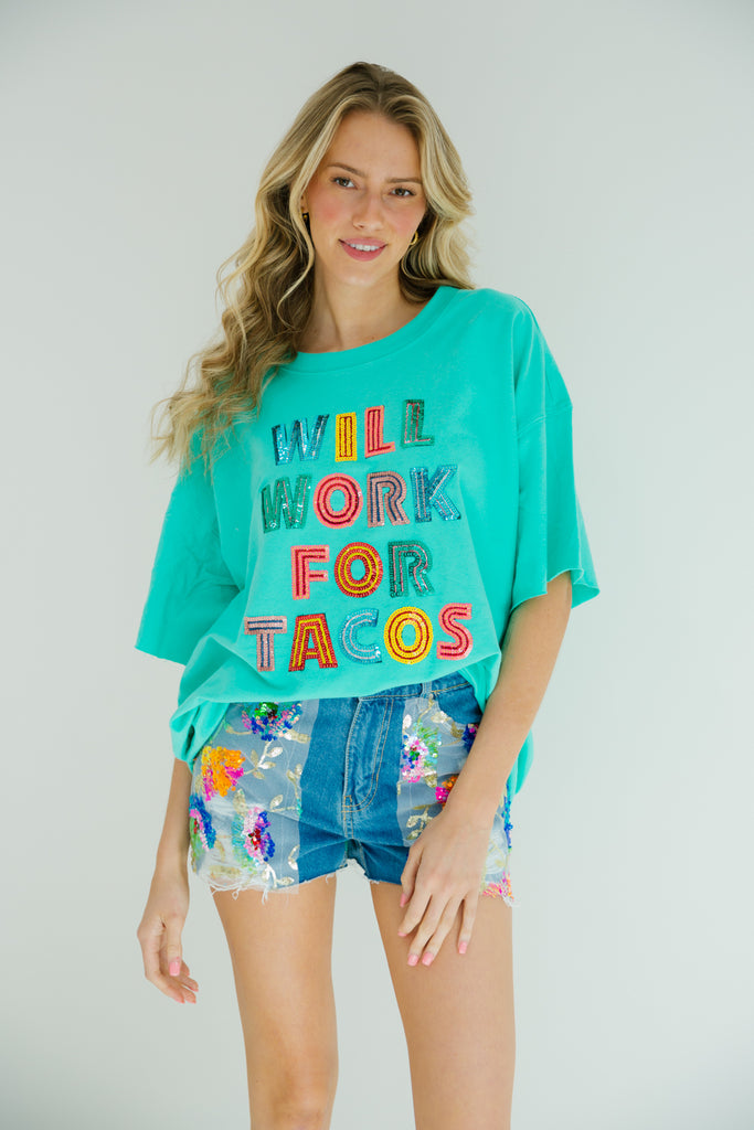 Mint t-shirt with Will Work For Tacos in sequin rainbow letters